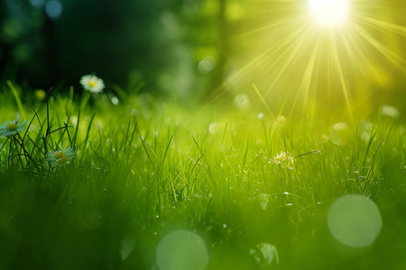 Green grass with daisies in sunbeams. Nature backgroundの素材
