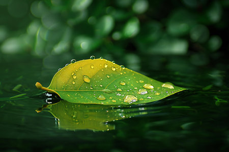 Water drop on green leaf with reflection on water surface. Natural backgroundの素材