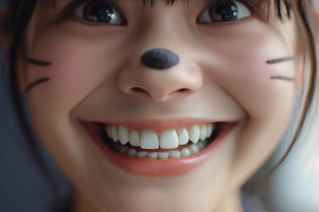 Close-up of a girl's face with a smile on her faceの素材