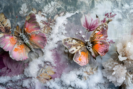 Snowflakes and butterflies on the background of a frozen window.の素材