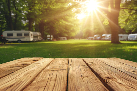 Wooden table and camper van on the background in the parkの素材