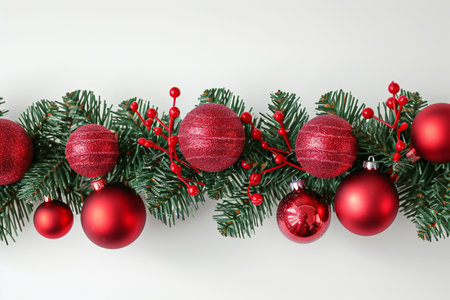 Christmas tree branches with red baubles on white background, top viewの素材