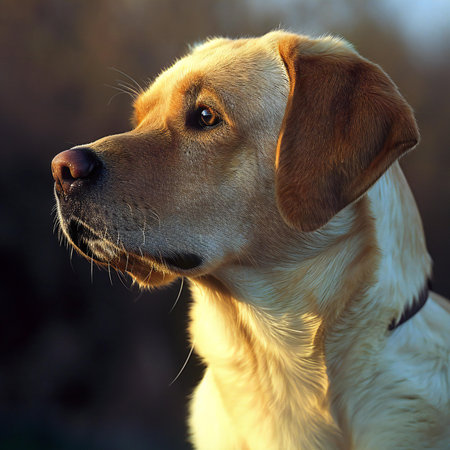 Labrador Retriever dog portrait in sunset light. Labrador retriever portraitの素材