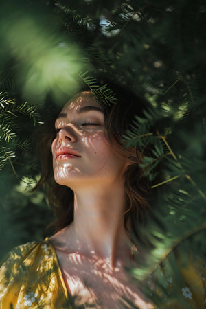 Young beautiful woman in a yellow dress among the branches of a treeの素材