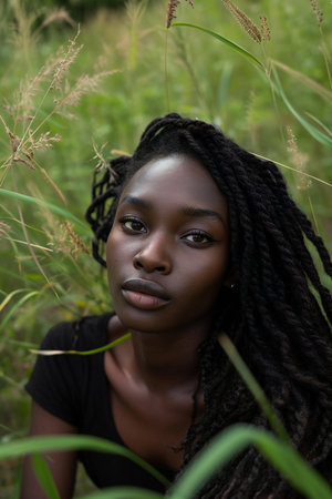 Portrait of a beautiful african american woman in tall grassの素材