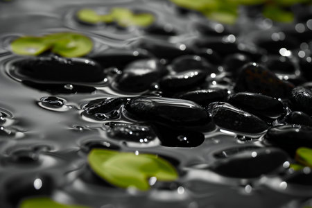Black stones in water with green leaves, closeup. Zen conceptの素材