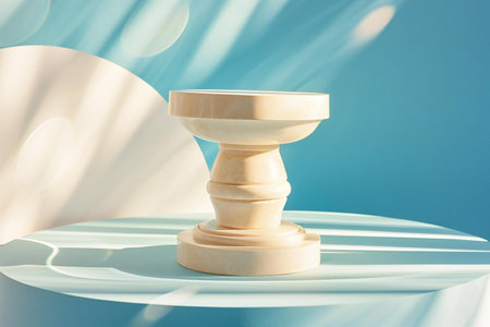 Wooden podium for product presentation with shadows on blue background.の素材