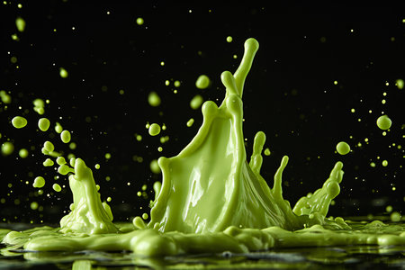 green paint splashing on black background. close up of paint splashing on black backgroundの素材
