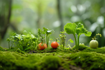 Small seedlings growing on green moss in the forest, selective focusの素材