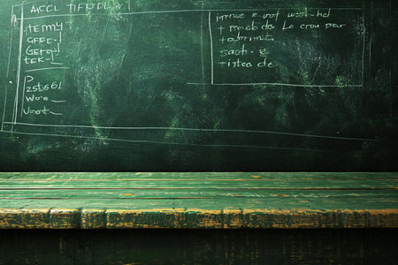 background of chalkboard with mathematical formulas and empty green table for product displayの素材