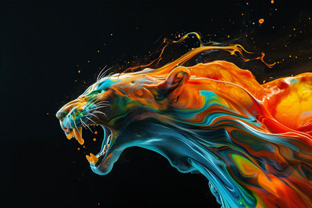 Colorful water splash with tiger head on black background.の素材