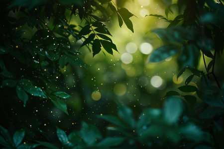 Green leaves background with bokeh lights. Beautiful nature background.の素材