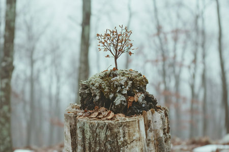 Small tree in the winter forest on a stump in the snow.の素材