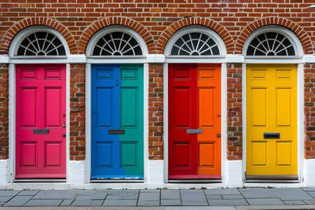Colorful wooden doors in a row in London, England, UKの素材