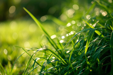 Closeup of fresh green grass with dew drops. Natural backgroundの素材