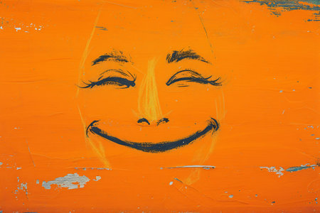Smiling face painted on an orange wall. Grunge style.の素材