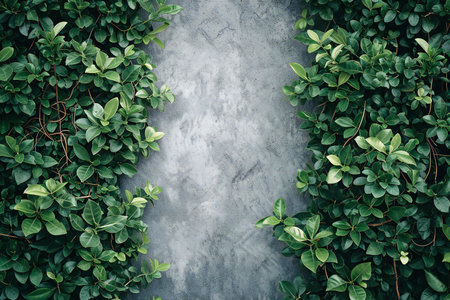 Green leaves on concrete background with copy space. Top view, flat layの素材