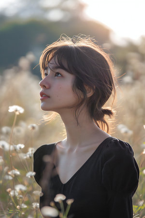 Portrait of a beautiful asian girl in the meadow at sunsetの素材