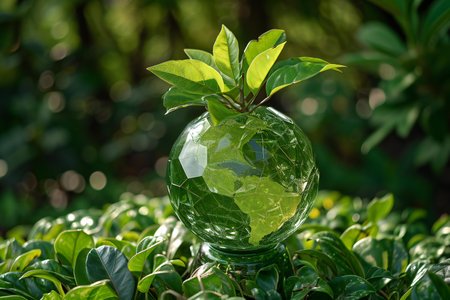 Glass globe with green leaf in the garden. Earth day concept.の素材