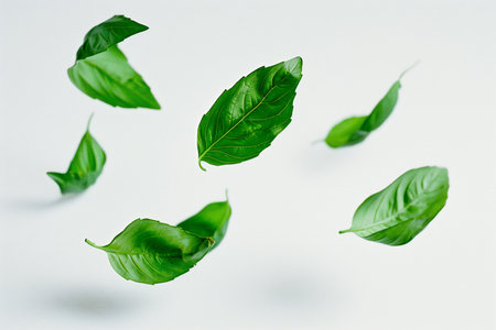 Fresh green basil leaves levitate on a white background with copy spaceの素材