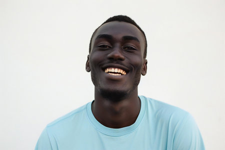 Portrait of a young african american man smiling against white backgroundの素材