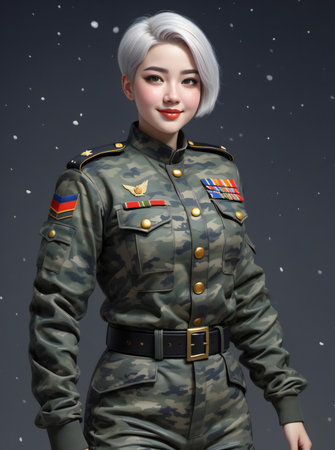 a female soldier in a military uniform on a dark backgroundの素材