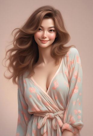 Portrait of a beautiful young woman with long wavy hair.の素材