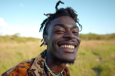 Portrait of a young african man smiling in the countryside.の素材