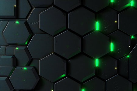 Black hexagon background with green glowing neon lights.の素材