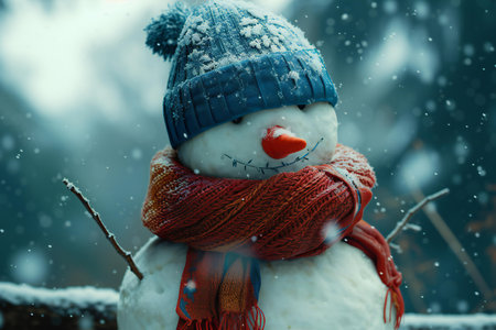 Funny snowman with scarf and hat in winter forest. Christmas concept.の素材