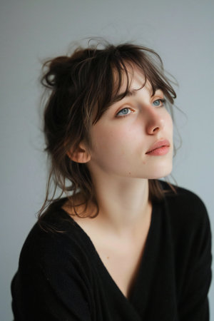 Portrait of a beautiful young girl in a black sweater on a gray backgroundの素材