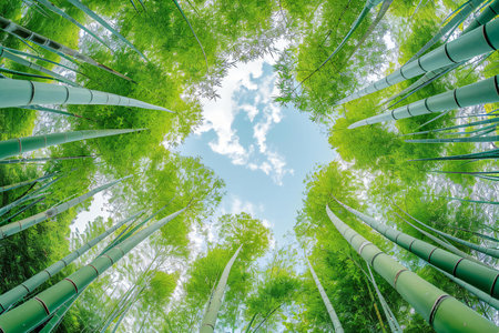 Bamboo forest with blue sky and white cloud background in Japan.の素材