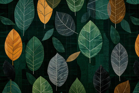 Leaves pattern on grunge textured background. Hand drawn illustrationの素材