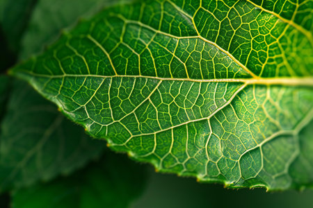 Green leaf close up, natural background, macro photography, selective focusの素材