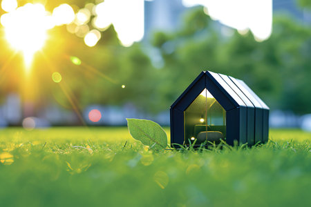 House model on green grass with bokeh background. Real estate concept.の素材