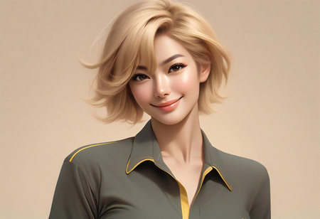 Portrait of a beautiful young woman with short blond hair. Pretty girl with makeup and hairstyle.の素材