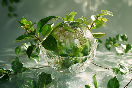 Glass globe in water with green leaves. Earth day concept. Save the planet.の素材