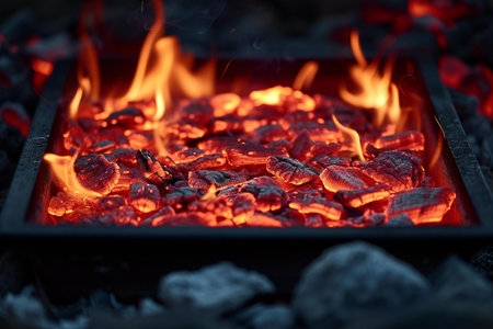 Burning coals in a barbecue, close-up, backgroundの素材
