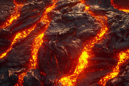 Volcanic eruption, close-up view of lava flow.の素材
