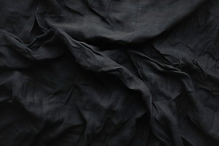 Black crumpled fabric texture background. Close up of crumpled black fabricの素材