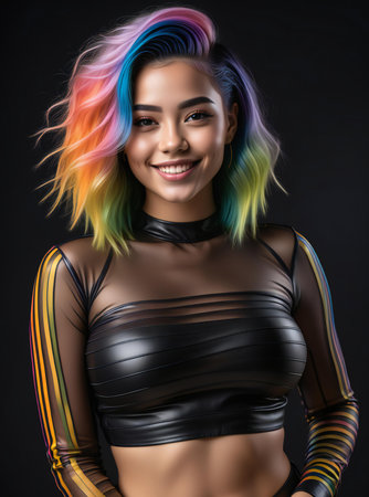Portrait of a beautiful young woman with bright rainbow hair over black background.の素材