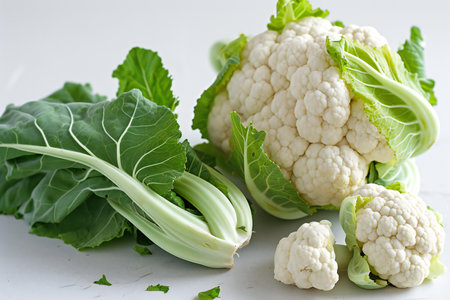 Cauliflower on white background. Cauliflower with green leaves.の素材
