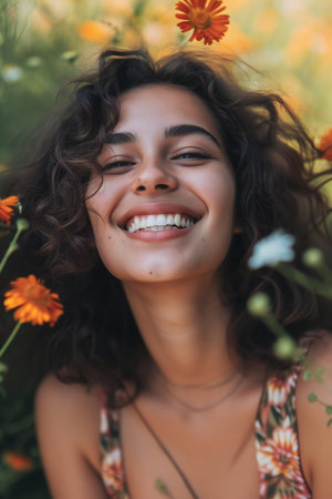 Close-up portrait of a beautiful girl with flowers in her hairの素材