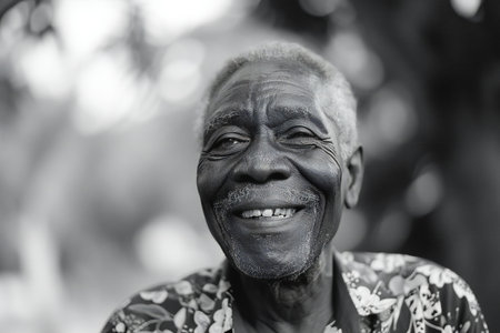 Portrait of an elderly African man with a painted face. Black and white.の素材