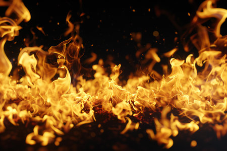 Fire flames on black background. Closeup of fire flames isolated on black backgroundの素材