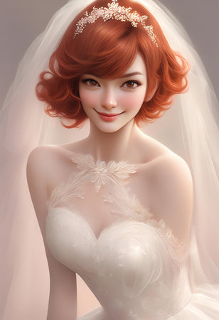 beautiful redhead bride in white wedding dress and veil.の素材