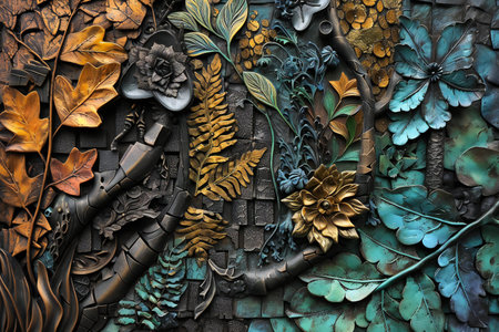 Colorful background with floral motifs on the stone wall.の素材