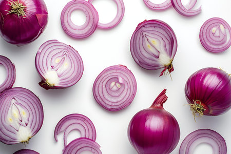 Red onion on white background. Top view, flat lay, copy spaceの素材