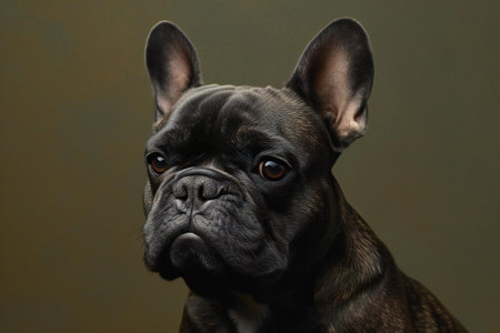 Portrait of a French bulldog on a dark green background.の素材