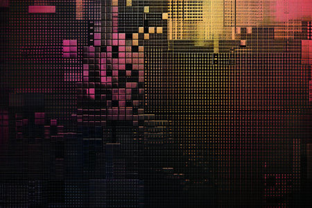 abstract colorful background with squares and pixels in pink and black colorsの素材